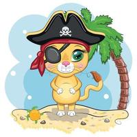 pirata león, personaje de dibujos animados del juego, gato animal salvaje con un pañuelo y un sombrero de tres picos con una calavera, con un parche en el ojo. personaje con ojos brillantes vector