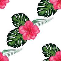 Seamless pattern with tropical leaves, hibiscus flowers vector