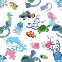 Marine life, fish, animals bright seamless pattern. sea travel, underwater diving animal tropical fish. Jellyfish, whale, shark, seahorse, clown fish, dolphin, turtle, emperor vector