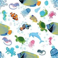 Marine life, fish, animals bright seamless pattern. sea travel, underwater diving animal tropical fish. Jellyfish, whale, shark, seahorse, clown fish, dolphin, turtle, emperor vector