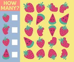 How many are they game. Educational printable math worksheet. Count the fruits in the picture and write the result. vector