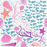 Seamless pattern with detailed transparent jellyfish. Childish seamless pattern with cute hand drawn fishes and jellyfishes in doodle style. Trendy nursery background vector