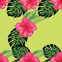 Seamless pattern with tropical leaves, hibiscus flowers vector