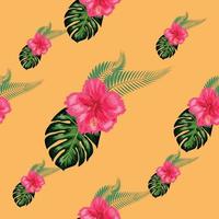 Seamless pattern with tropical leaves, hibiscus flowers vector