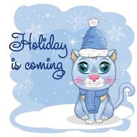 Cute cartoon cat in a Santa hat on a background of snow. Winter 2023, Christmas and Chinese New Year. vector