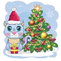 Cute cartoon cat in Santa's hat near the decorated Christmas tree. Winter 2023, Christmas and Chinese New vector