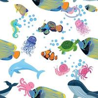 Marine life, fish, animals bright seamless pattern. sea travel, underwater diving animal tropical fish. Jellyfish, whale, shark, seahorse, clown fish, dolphin, turtle, emperor vector