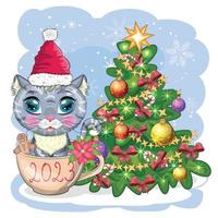 Cute cartoon cat in Santa's hat near the decorated Christmas tree. Winter 2023, Christmas and Chinese New vector