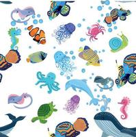vida marina, peces, animales de patrones sin fisuras brillantes. viajes por mar, peces tropicales de animales de buceo submarino. medusa, ballena, tiburón, caballito de mar, pez payaso, delfín, tortuga, emperador vector