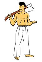 hombre con hacha ilustración plana. personaje de dibujos animados masculino antiguo primitivo. hombre con caza, herramienta de trabajo elemento de diseño aislado vector