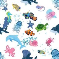 Marine life, fish, animals bright seamless pattern. sea travel, underwater diving animal tropical fish. Jellyfish, whale, shark, seahorse, clown fish, dolphin, turtle, emperor vector