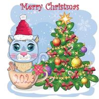 Cute cartoon cat in Santa's hat near the decorated Christmas tree. Winter 2023, Christmas and Chinese New vector