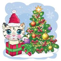 lindo gato de dibujos animados en el sombrero de santa cerca del árbol de navidad decorado. invierno 2023, navidad y nuevo chino vector