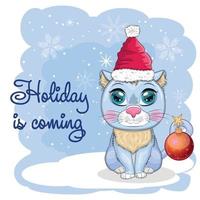 Cute cartoon cat in a Santa hat on a background of snow. Winter 2023, Christmas and Chinese New Year. vector