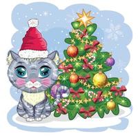 Cute cartoon cat in Santa's hat near the decorated Christmas tree. Winter 2023, Christmas and Chinese New vector