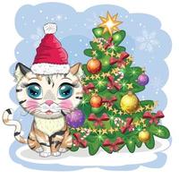 Cute cartoon cat in Santa's hat near the decorated Christmas tree. Winter 2023, Christmas and Chinese New vector