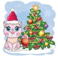 lindo gato de dibujos animados en el sombrero de santa cerca del árbol de navidad decorado. invierno 2023, navidad y nuevo chino vector