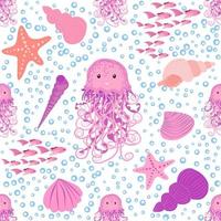 Seamless pattern with detailed transparent jellyfish. Childish seamless pattern with cute hand drawn fishes and jellyfishes in doodle style. Trendy nursery background vector