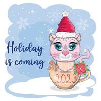 Cute cartoon cat in a Santa hat on a background of snow. Winter 2023, Christmas and Chinese New Year. vector