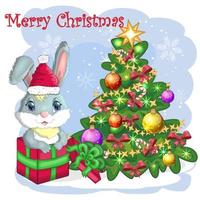 Cute cartoon bunny in Santa's hat near the decorated Christmas tree. Winter 2023, Christmas and New Year vector