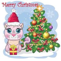 Cute cartoon cat in Santa's hat near the decorated Christmas tree. Winter 2023, Christmas and Chinese New vector