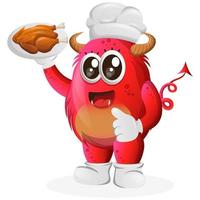 Vector Cute red monster, chef serving food