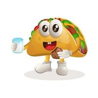 linda mascota de taco bebe leche y come galleta vector