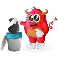 Vector Cute red monster placing reusable waste into garbage can