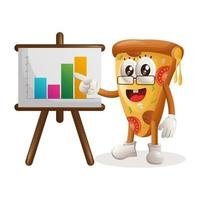 Cute pizza mascot gives report presentation, shows column graphics vector