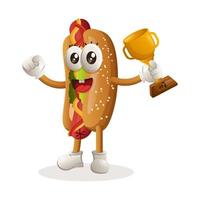 Cute hotdog mascot winning award and celebrating success vector