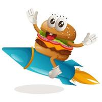 Cute burger flying on rocket vector