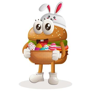 Cute burger wearing the bunny cap with holding easter egg in basket vector