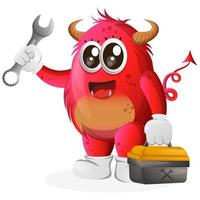 Vector Cute red monster holding spanner and tolls box