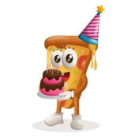 linda mascota de pizza con un sombrero de cumpleaños, sosteniendo un pastel de cumpleaños vector