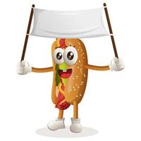 Cute hotdog mascot holding blank banner vector