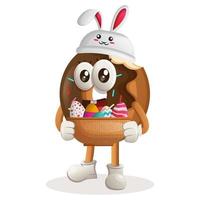 linda mascota de donut usando la gorra de conejito con huevo de pascua en la canasta vector