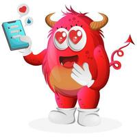 Vector Cute red monster holding mobile phone with text messages