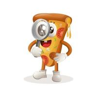 linda mascota de pizza investigando, sosteniendo una lupa vector