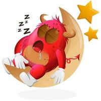 Vector Cute red monster sleeping, sleeping on the moon