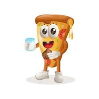 linda mascota de pizza bebe leche y come galleta vector