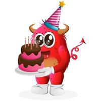 Vector Cute red monster wearing a birthday hat, holding birthday cake