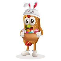 Cute hotdog mascot wearing the bunny cap with holding easter egg in basket vector