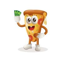 Cute pizza mascot holding money vector