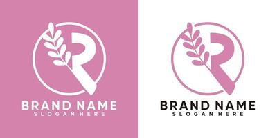 latter r and leaf logo design with line art and creative concept vector