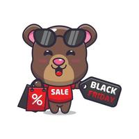 cute bear in black friday cartoon illustration vector