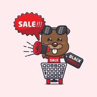 cute beaver in black friday cartoon illustration vector