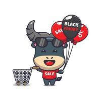 cute buffalo in black friday cartoon illustration vector