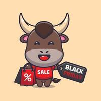 cute bull in black friday cartoon illustration vector