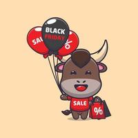 cute bull in black friday cartoon illustration vector