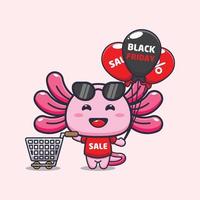 cute axolotl in black friday cartoon illustration vector